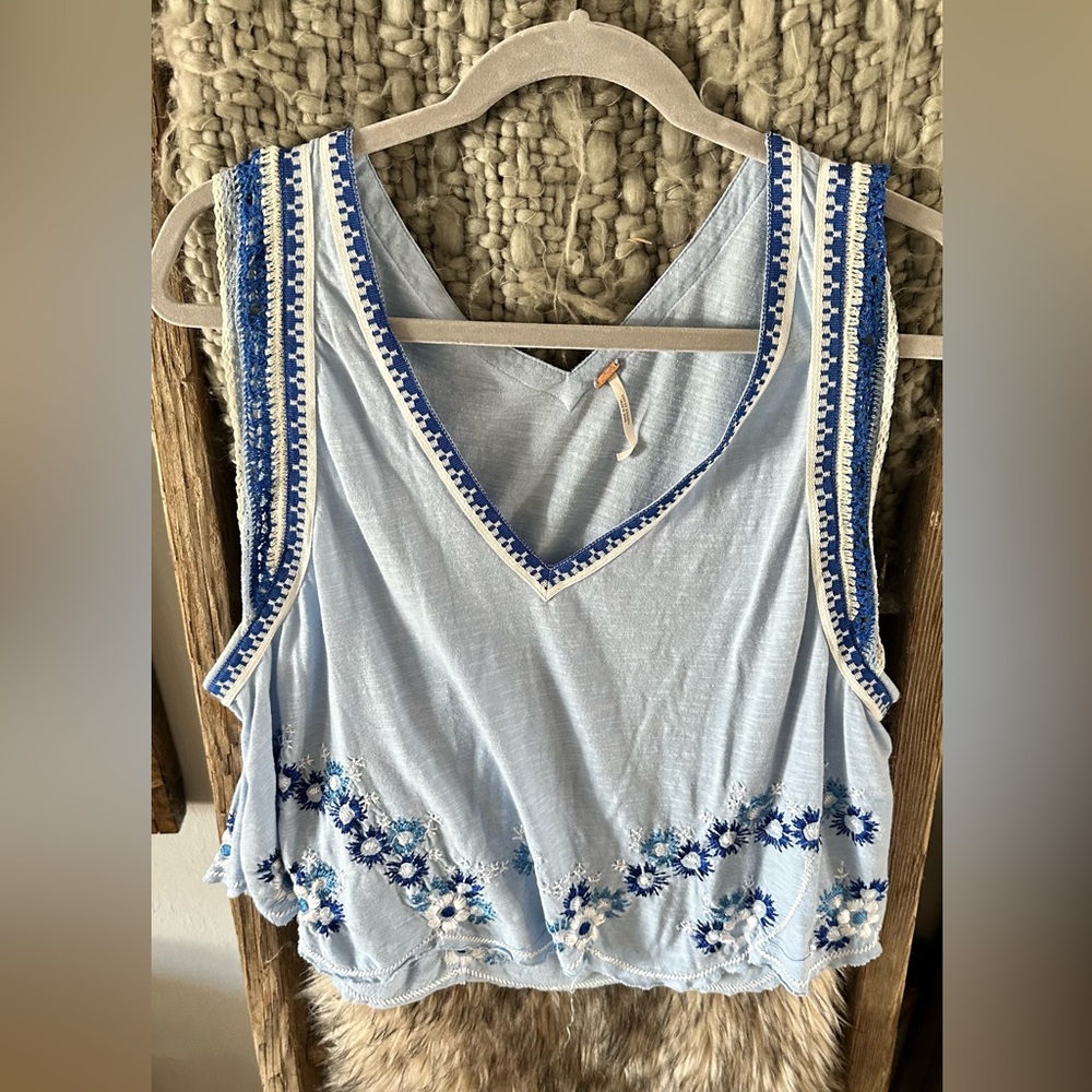 Free People Light Blue Embroidered Blouse - Picture 2 of 4